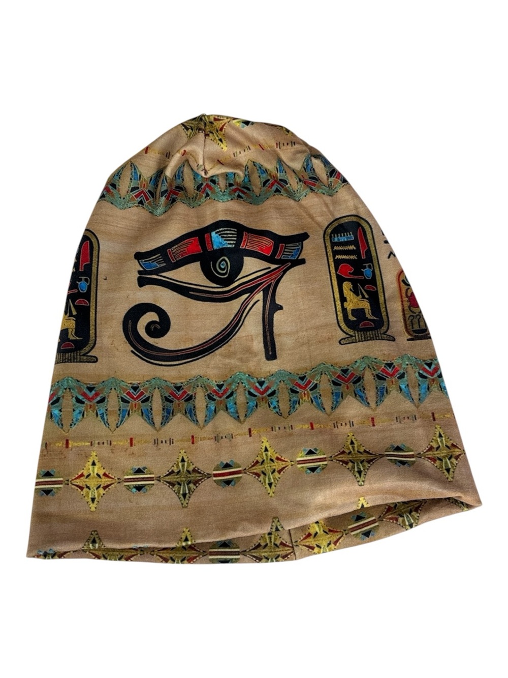 Egyptian Eye Beanie Hat in Tan with Teal & Black Accents